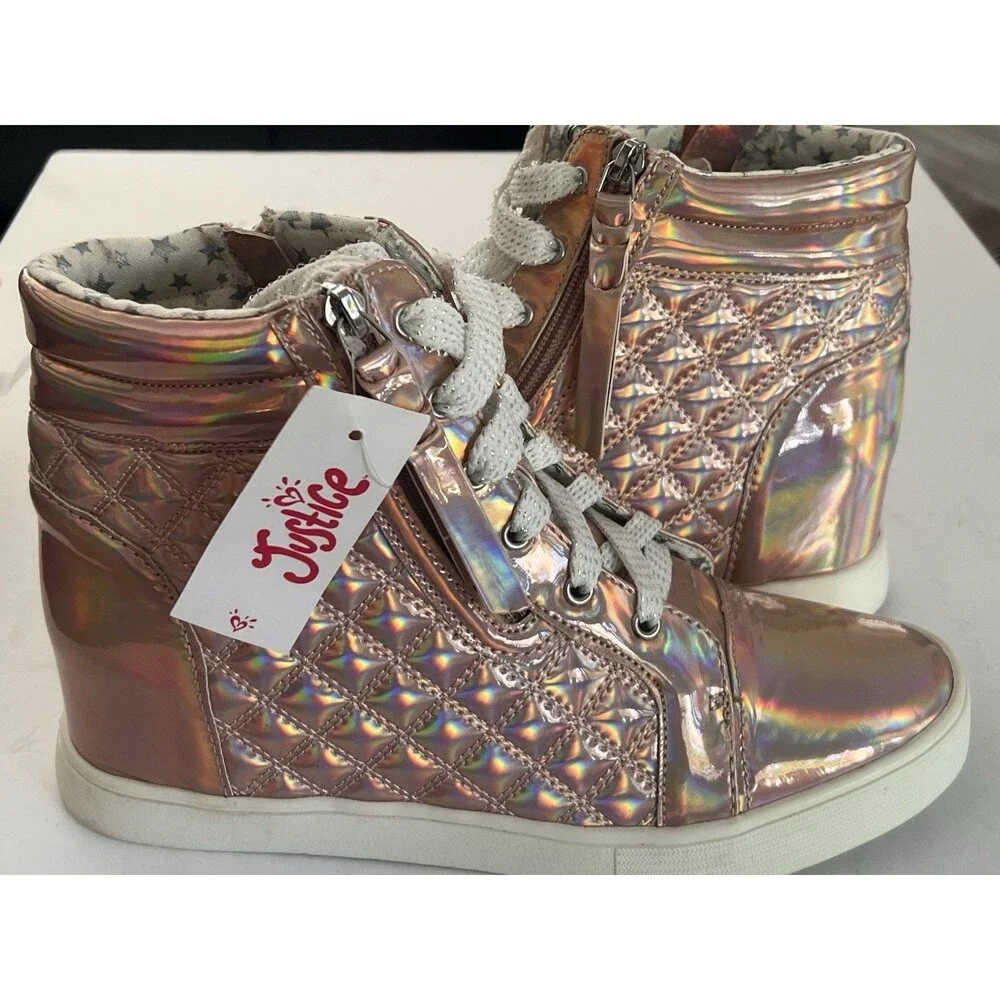 New Justice Rose Gold Holographic Quilted Wedge High Top Sneakers Girls Size 8